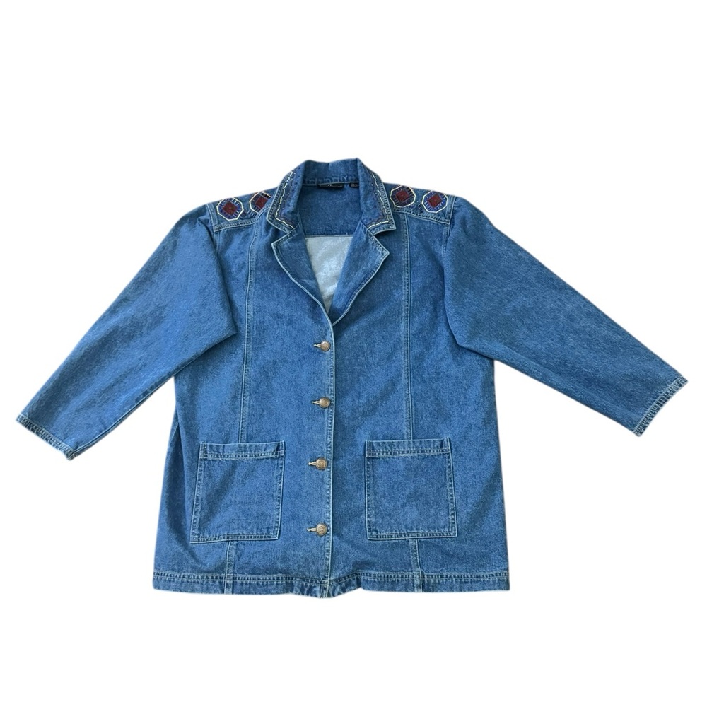 Carole Little II Vintage Blue Denim Multi-Colors Beaded Jacket Size 14W